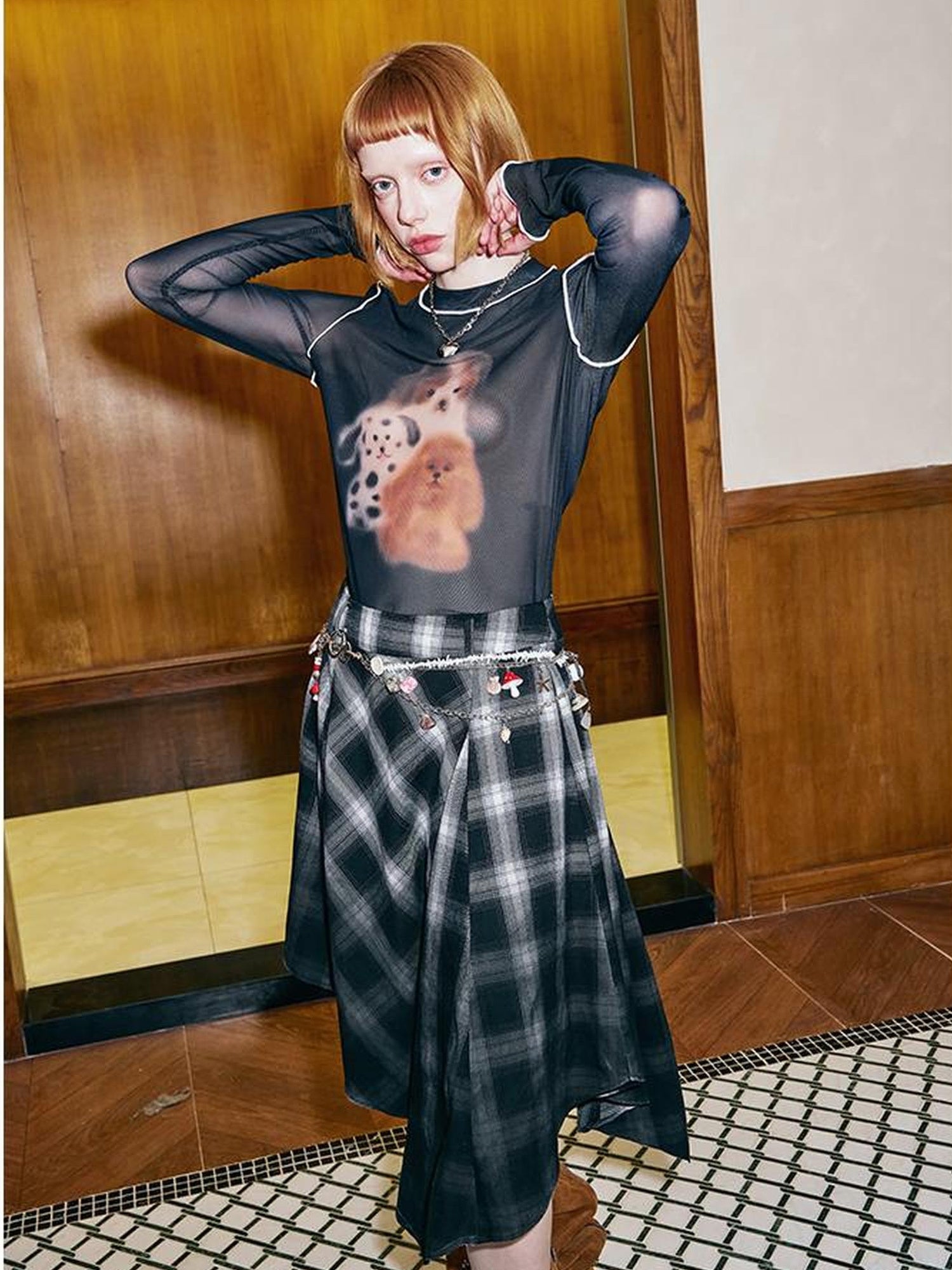 DIDDI MODA Puppy Print Sheer Black Tee