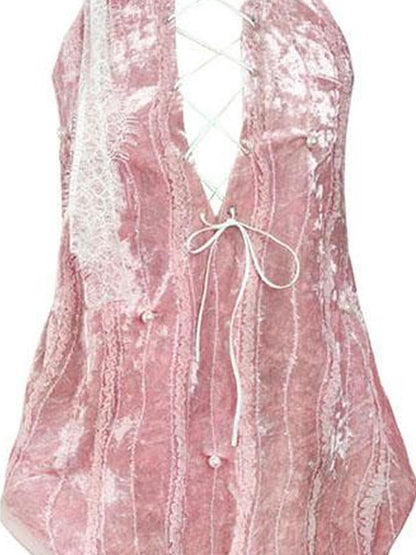 WSW WUSHENWU Pure Sexy Rose Lace Velvet Backless Bustier Top