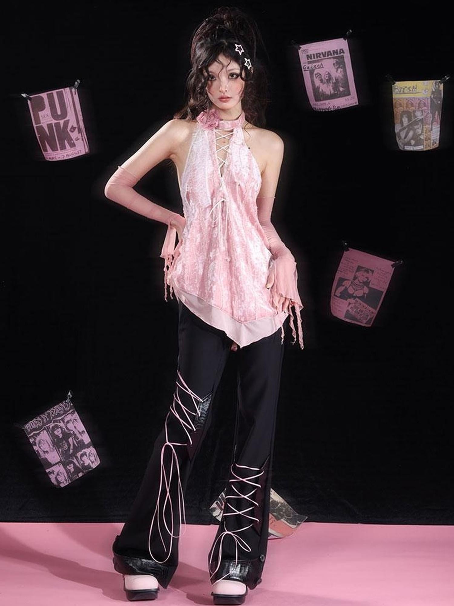 WSW WUSHENWU Pure Sexy Rose Lace Velvet Backless Bustier Top