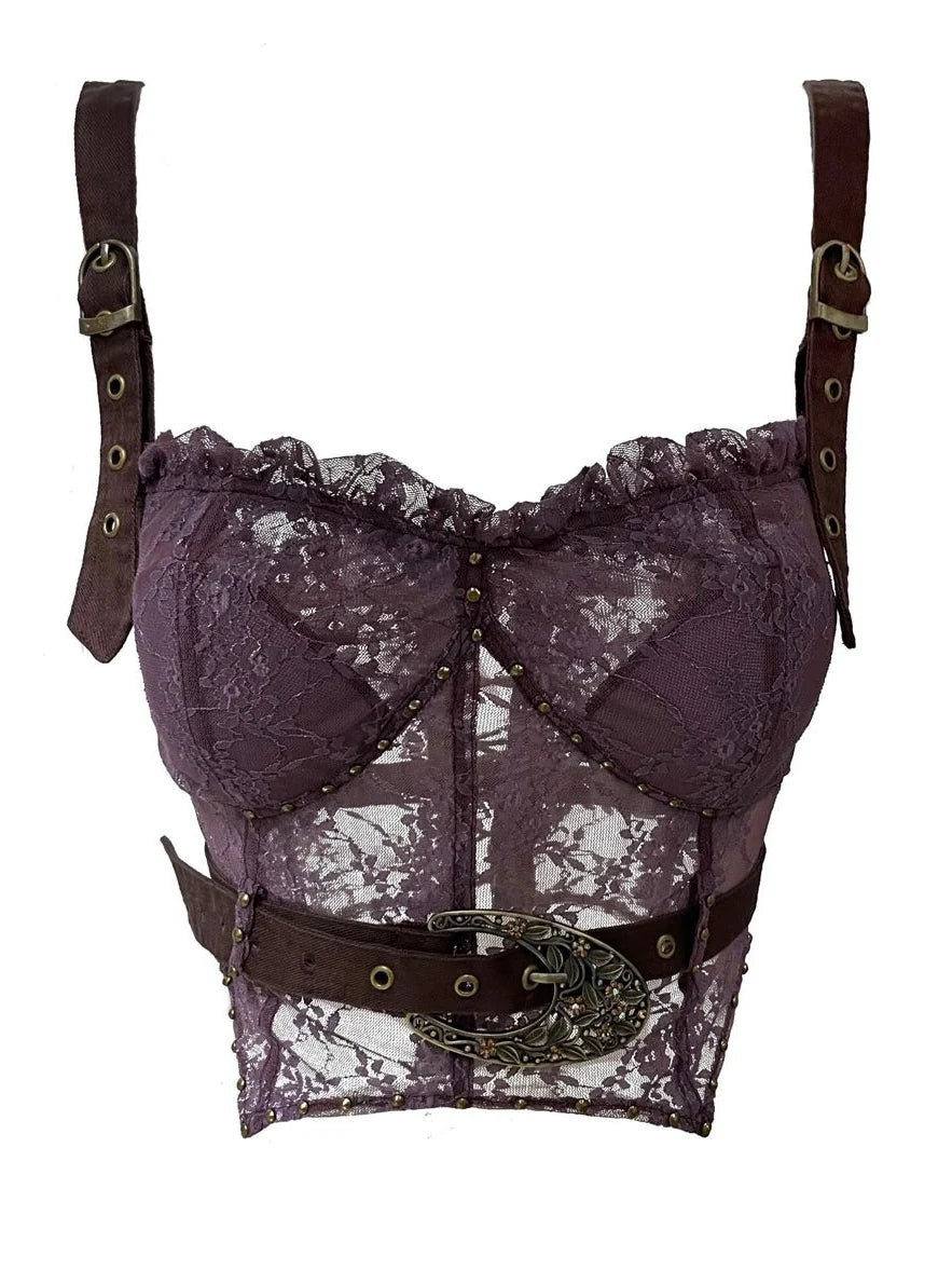 Lace Detailed Denim Corset Top With Free Belt