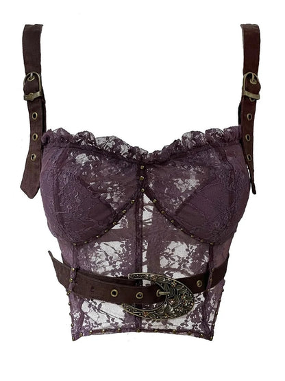 Lace Detailed Denim Corset Top With Free Belt