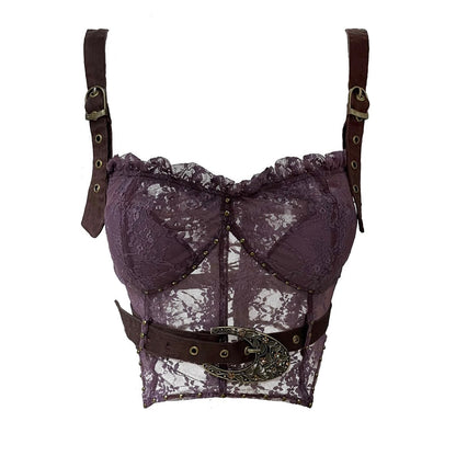Flowers birds Market Lace Detailed Denim Corset Top With Free Belt