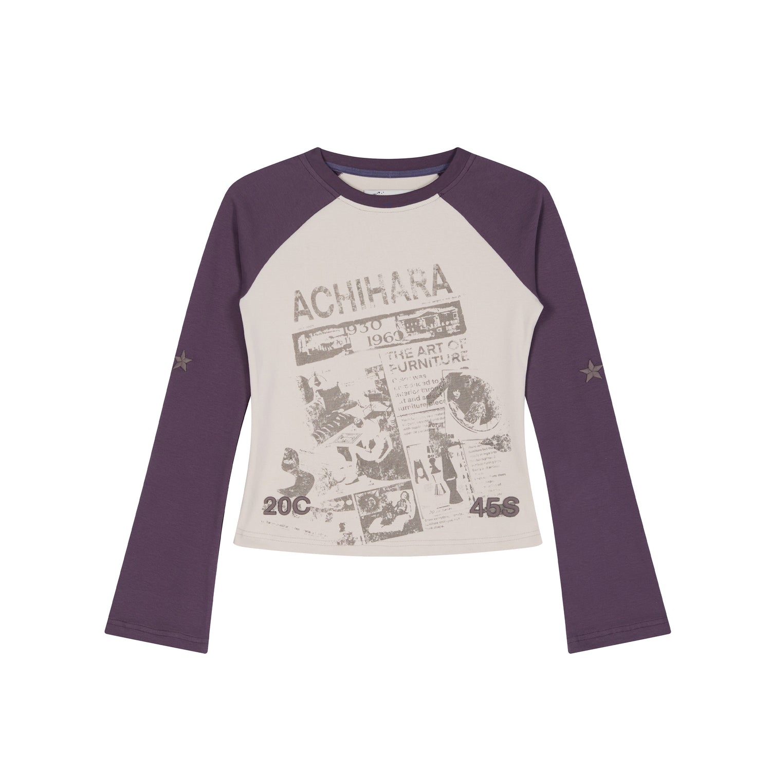Achihara Retro Contrast Knit Tee V-Neck T-Shirt Long-Sleeve