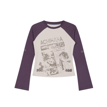 Achihara Retro Contrast Knit Tee V-Neck T-Shirt Long-Sleeve