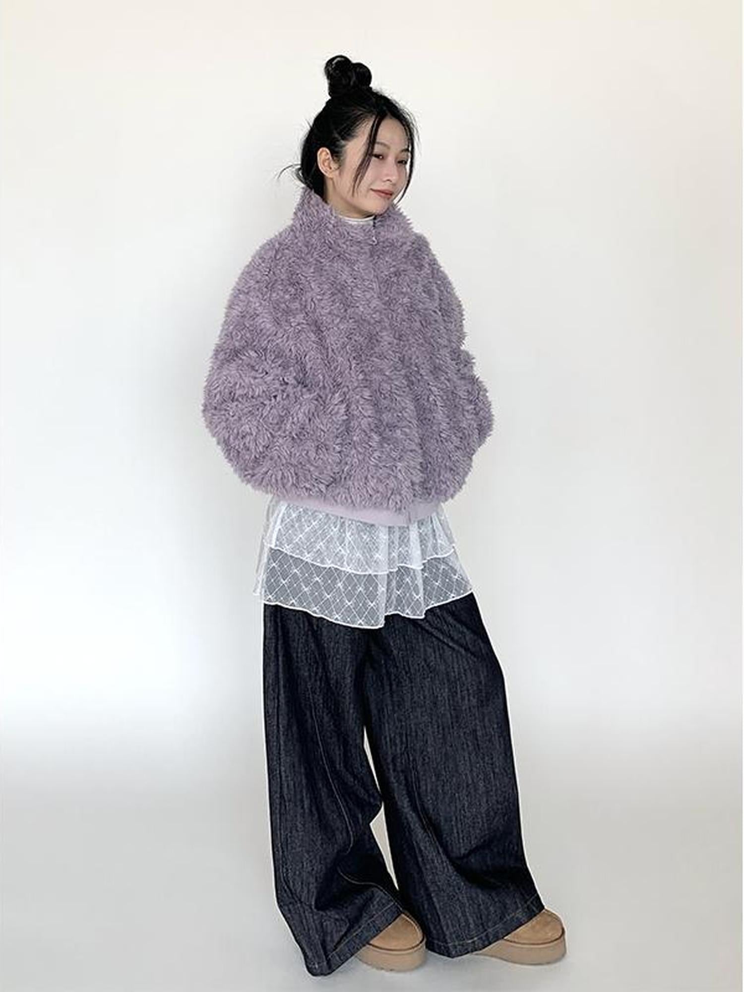 atrandom Purple Cozy Short Faux Shearling Jacket Women Winter Outerwear