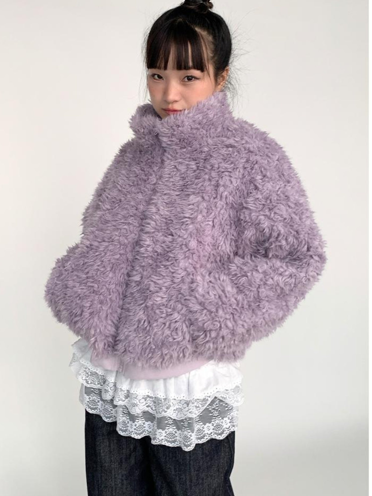 atrandom Purple Cozy Short Faux Shearling Jacket Women Winter Outerwear