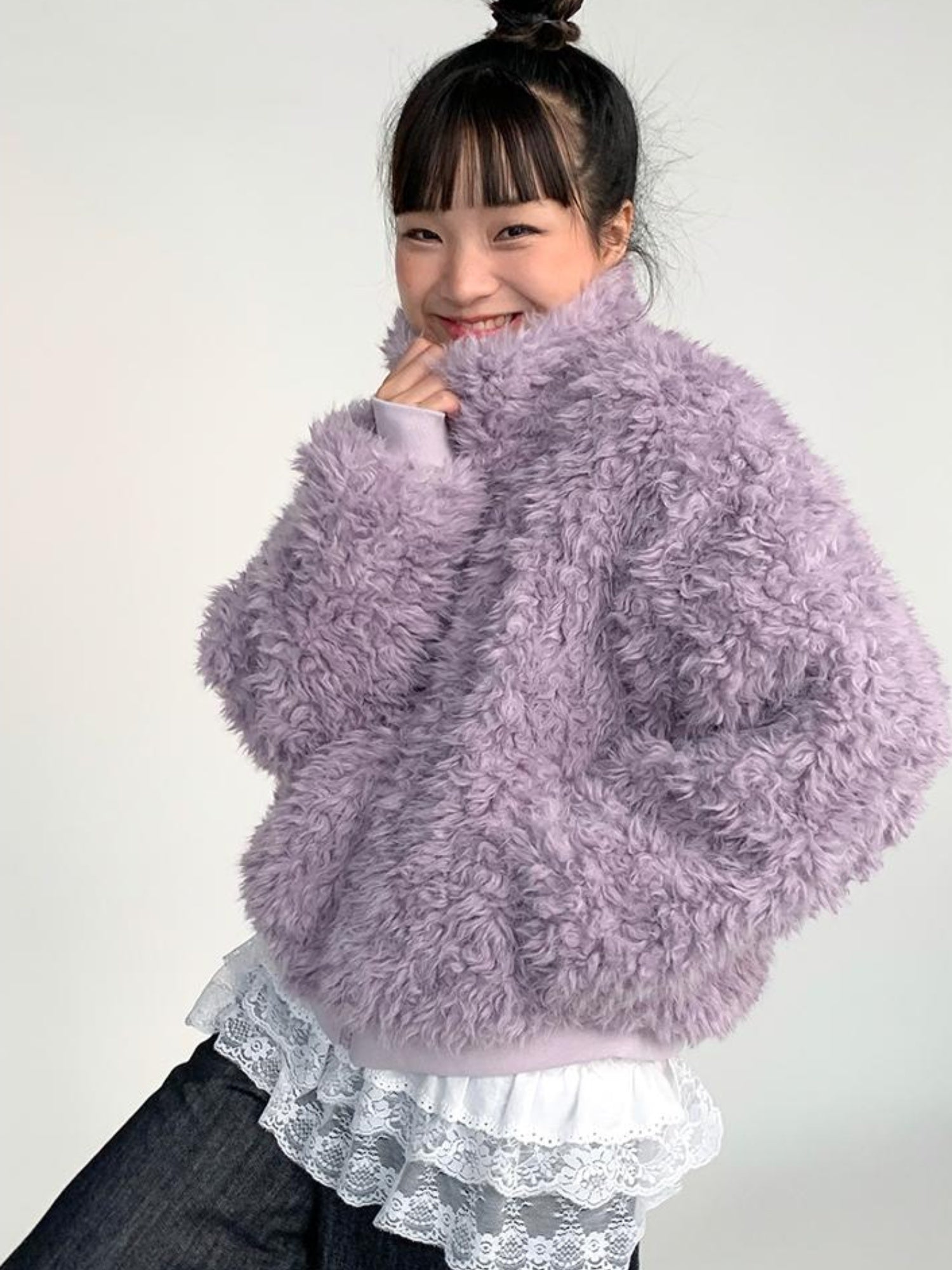 atrandom Purple Cozy Short Faux Shearling Jacket Women Winter Outerwear