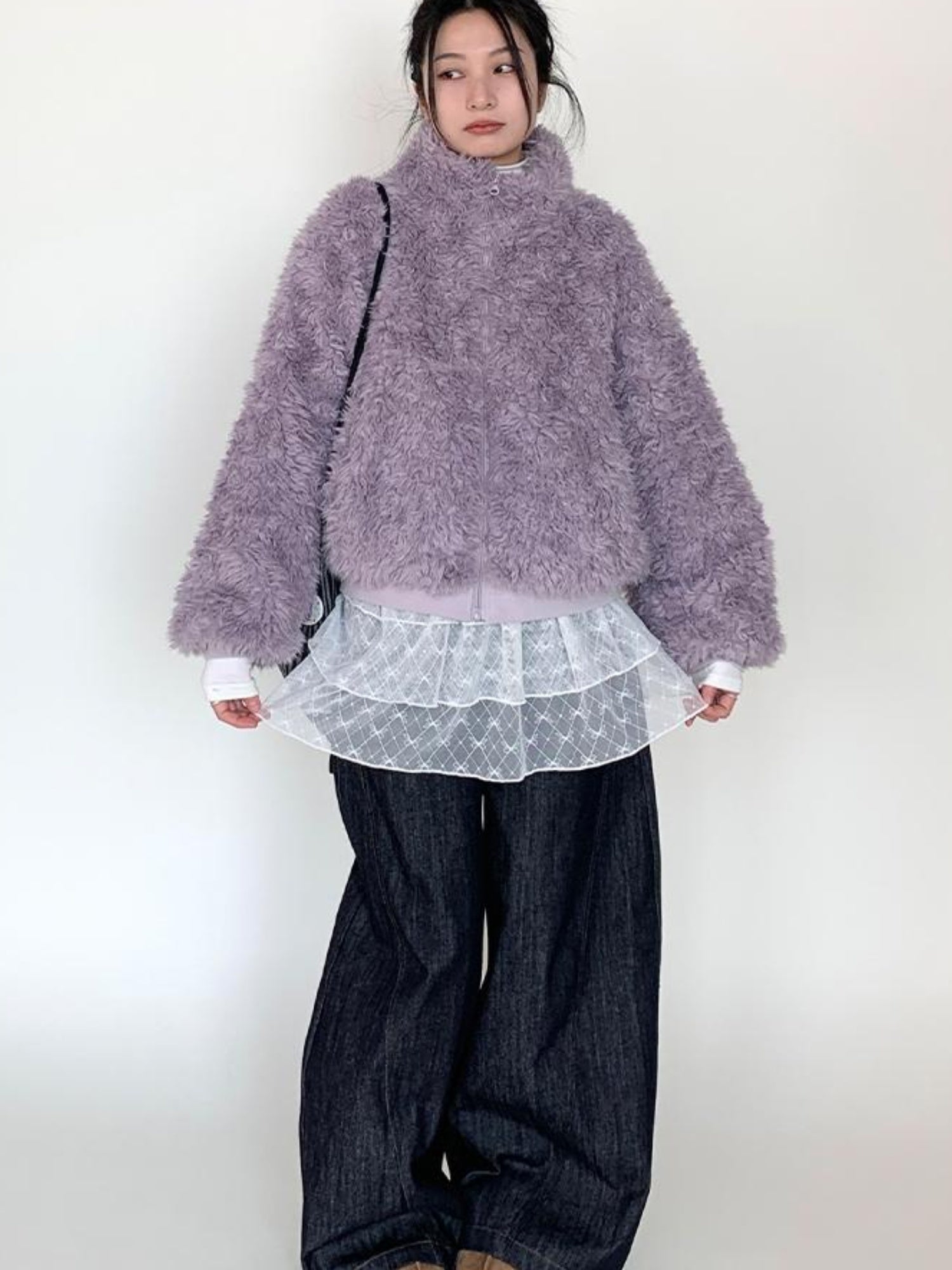 atrandom Purple Cozy Short Faux Shearling Jacket Women Winter Outerwear