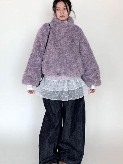 atrandom Purple Cozy Short Faux Shearling Jacket Women Winter Outerwear