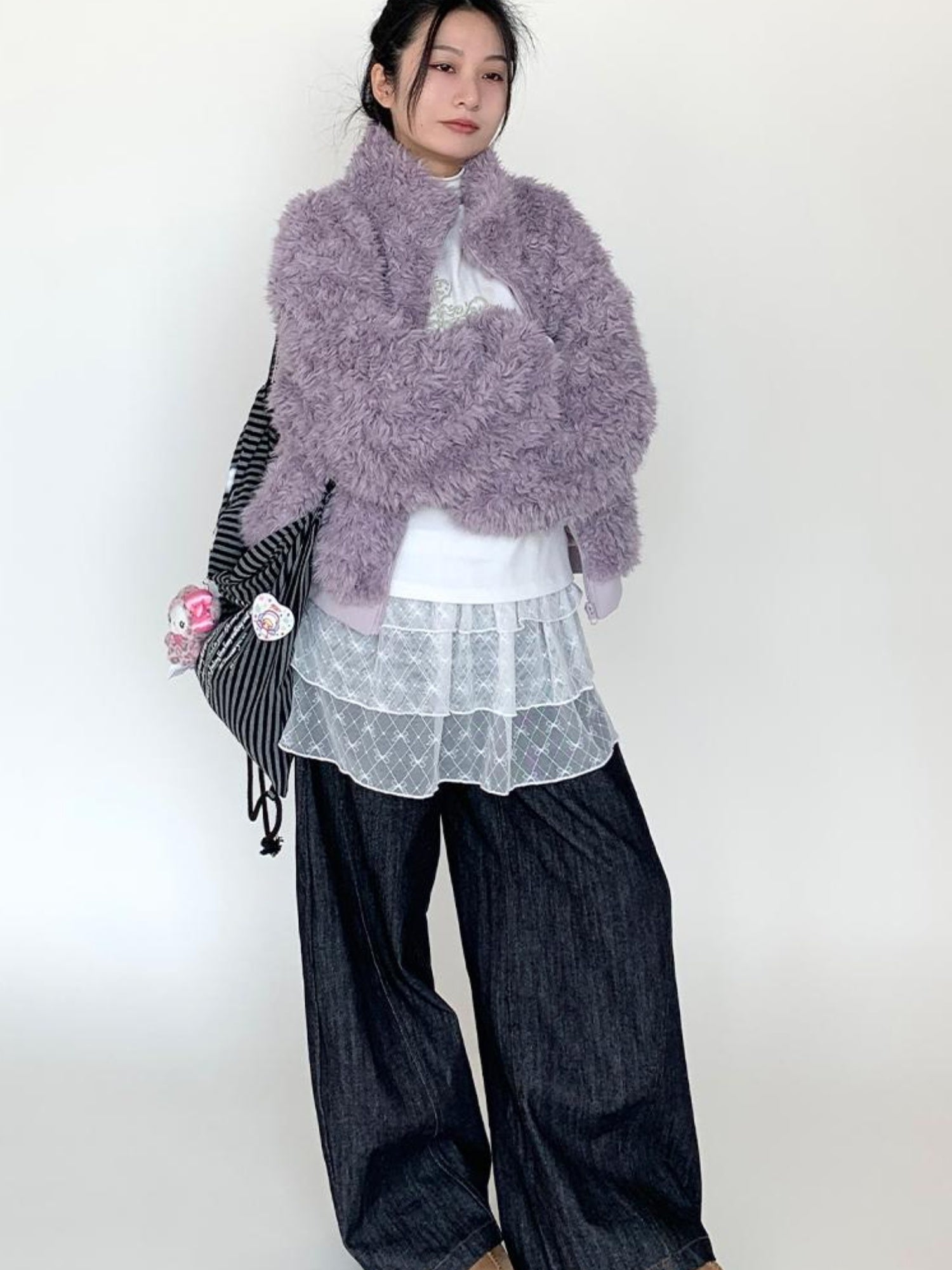 atrandom Purple Cozy Short Faux Shearling Jacket Women Winter Outerwear
