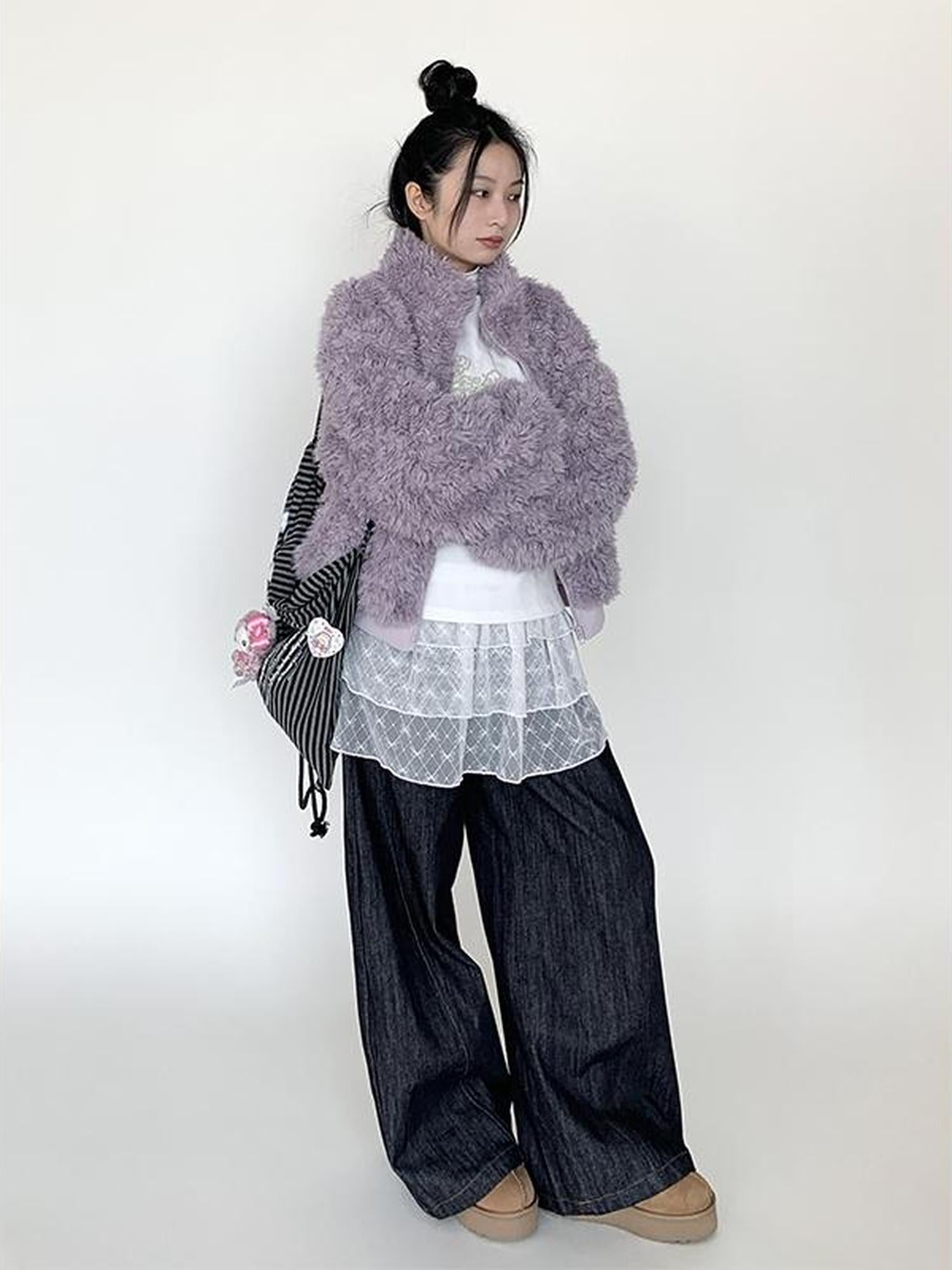 atrandom Purple Cozy Short Faux Shearling Jacket Women Winter Outerwear