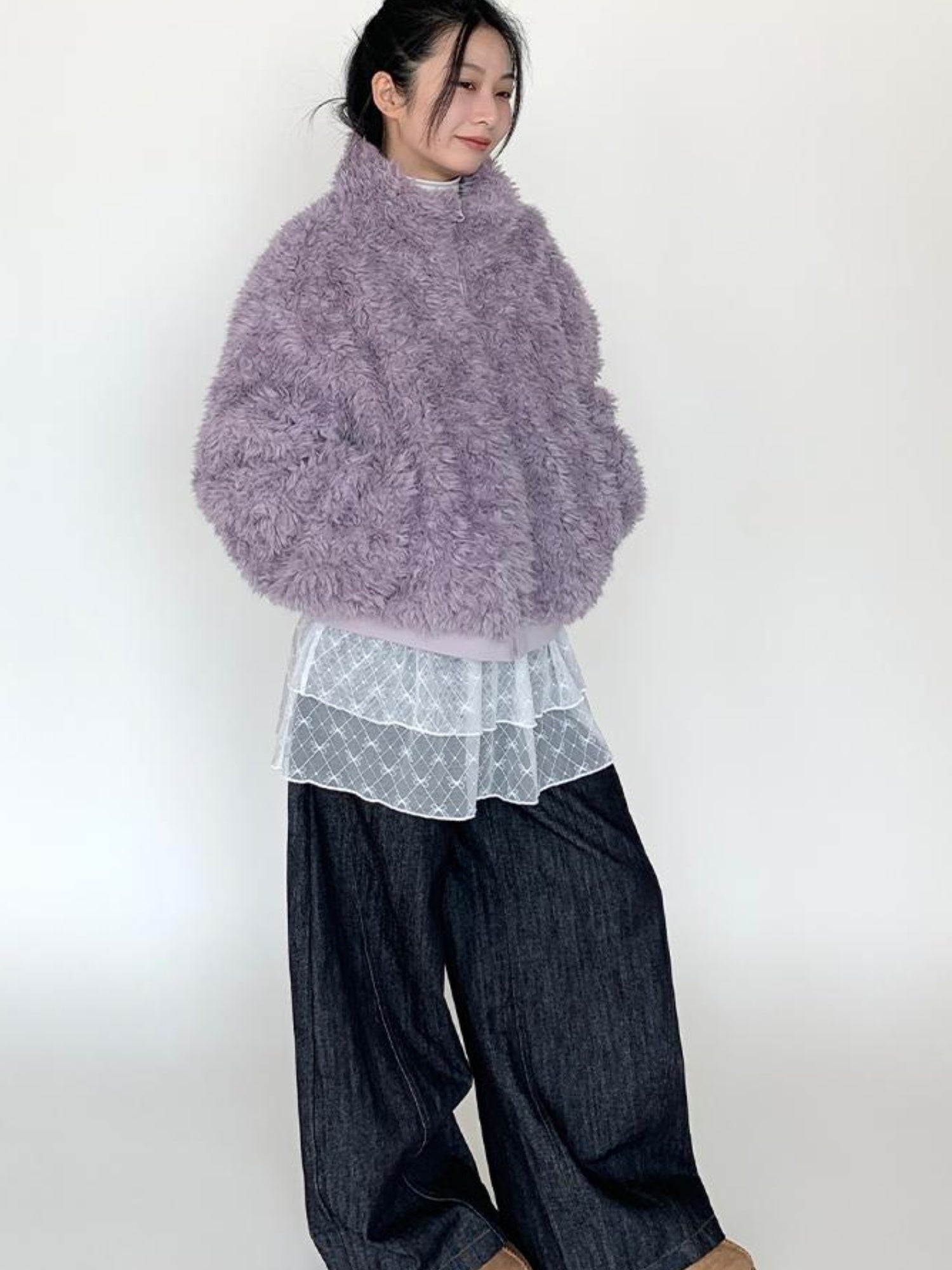 atrandom Purple Cozy Short Faux Shearling Jacket Women Winter Outerwear