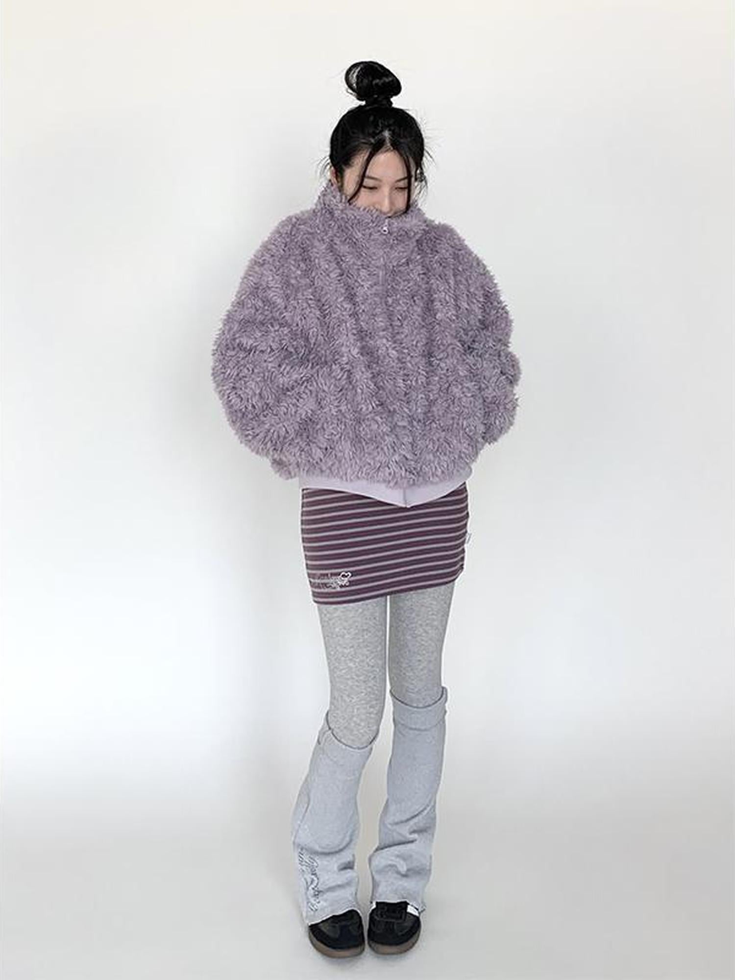 atrandom Purple Cozy Short Faux Shearling Jacket Women Winter Outerwear