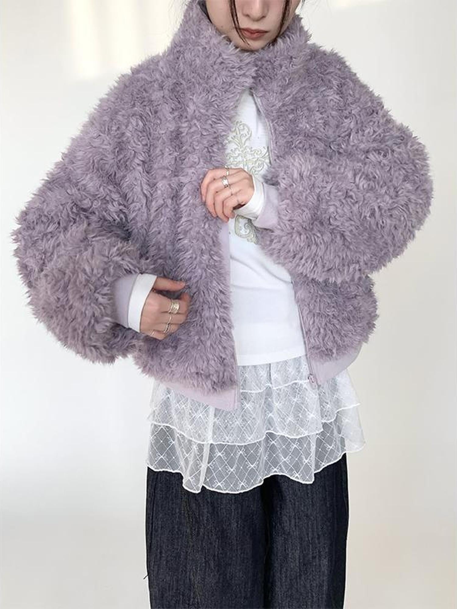 atrandom Purple Cozy Short Faux Shearling Jacket Women Winter Outerwear