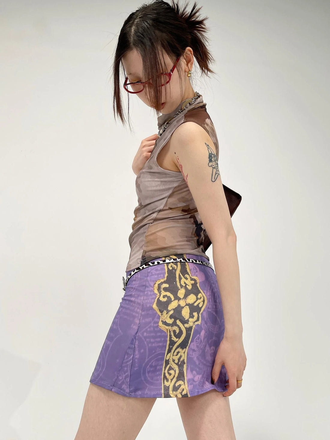 Purple Ethnic Print Mesh Bodycon Mini Skirt