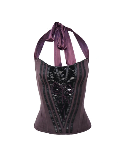 Fishbone Lace Trimmed Strap Bustier In Purple And Black
