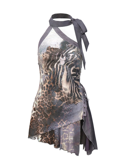 Asymmetric Hem Leopard Print Slip Dress V Neck