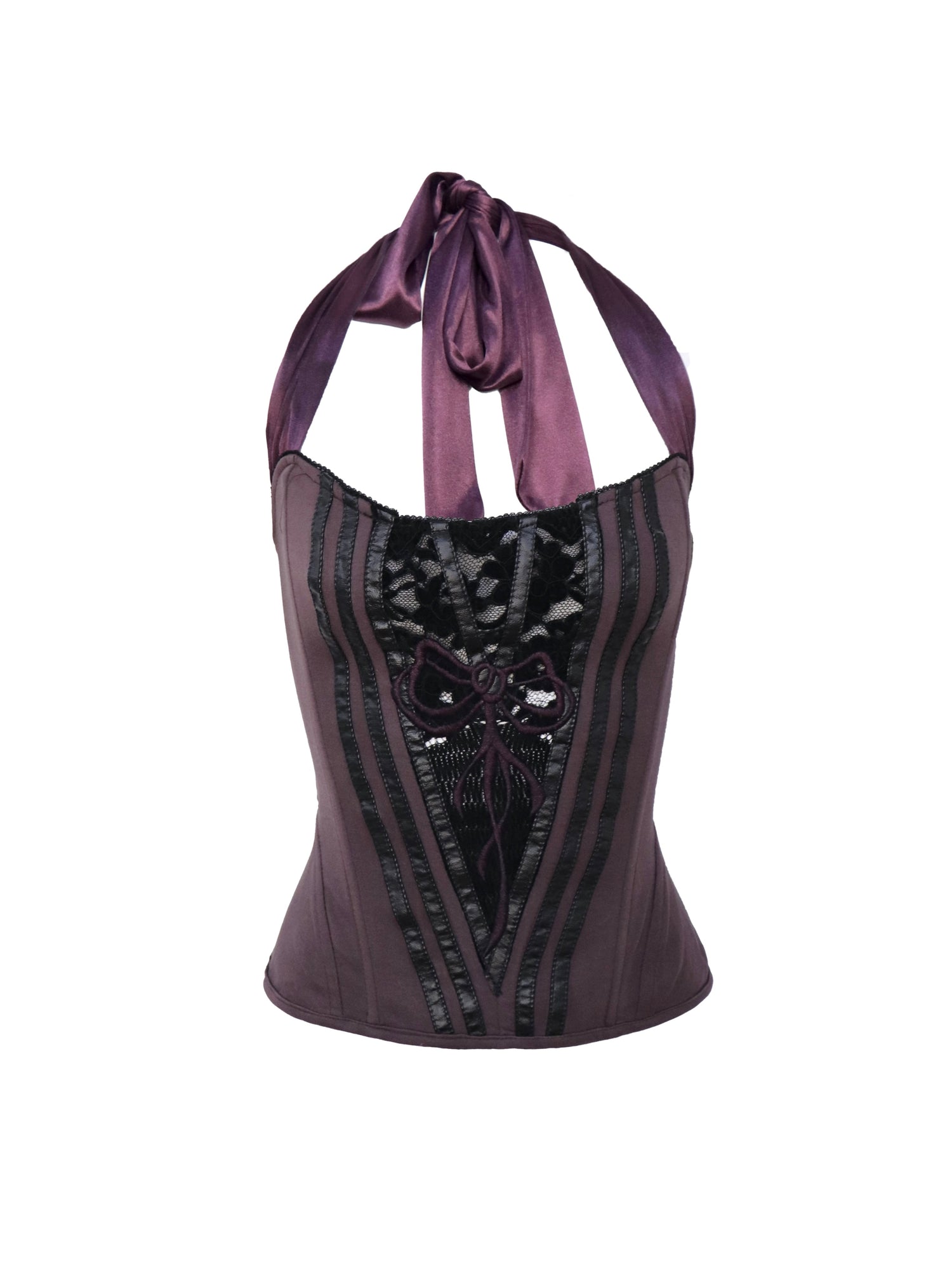 Flowers birds Market Fishbone Lace Trimmed Strap Bustier In Purple And Black