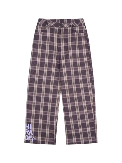 Mosaic Checkered Wide Leg Trousers With Embroidered Cuffs