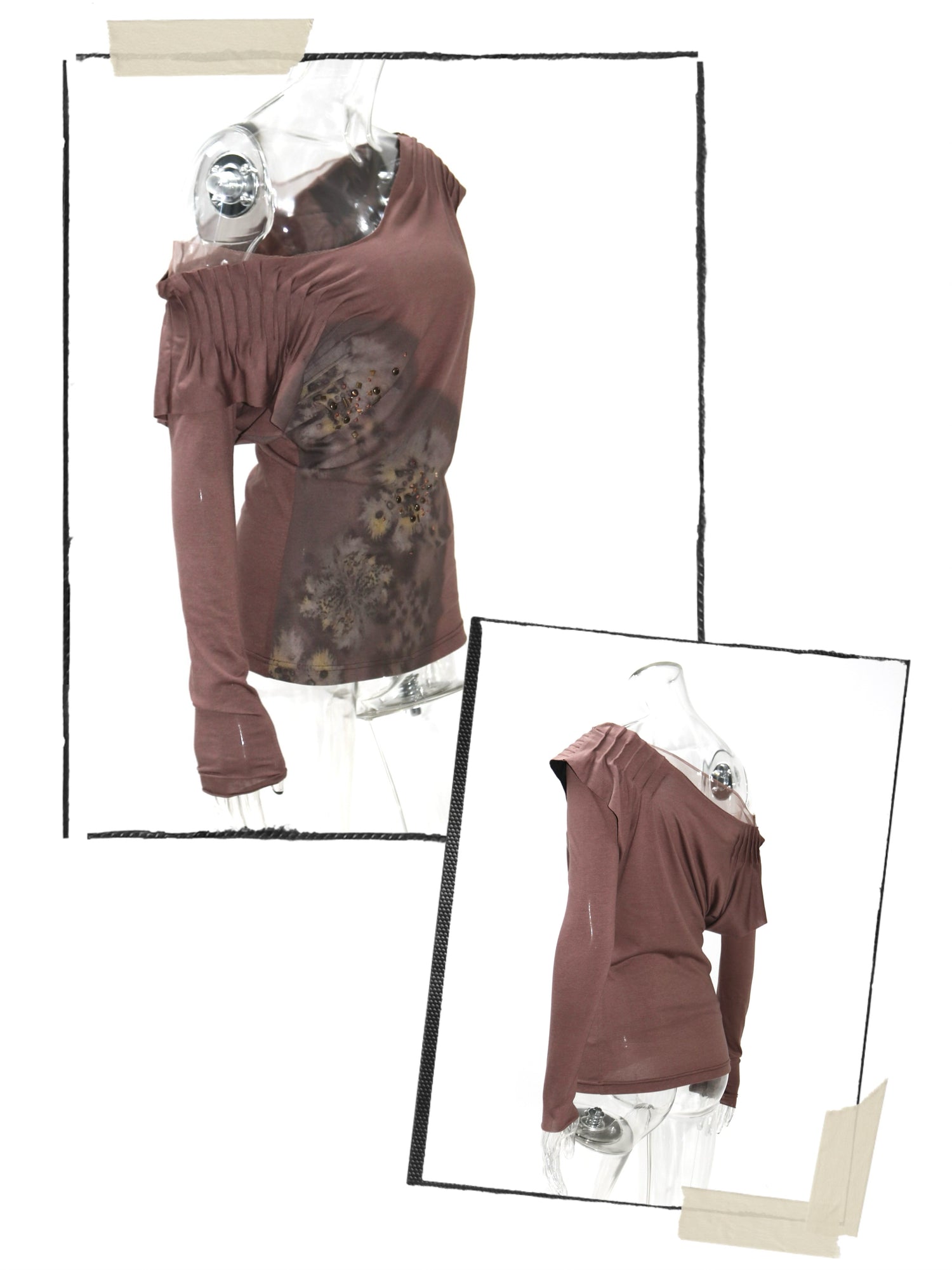 Update OPEN AESTHETIC Vintage Metal Diamond Print Draped Neck V-neck T-shirt Long-Sleeve Top