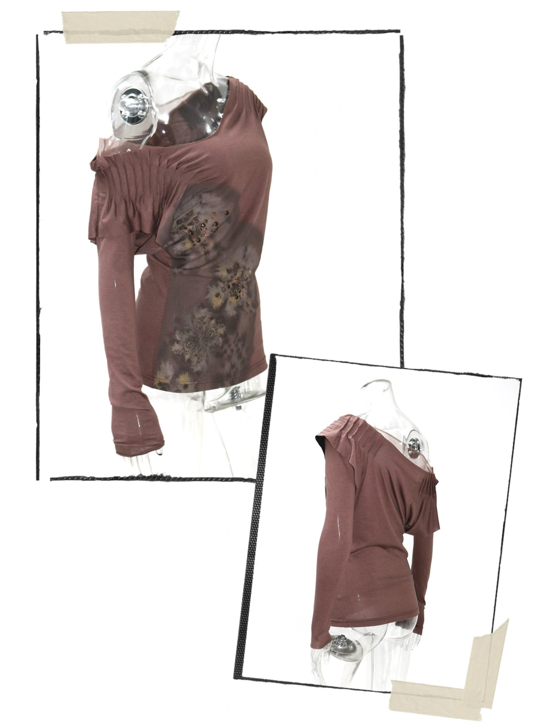 Vintage Metal Diamond Print Draped Neck V-neck T-shirt Long-Sleeve Top