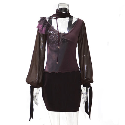 Update OPEN AESTHETIC Open Aesthetic Print Knit Mesh Beaded Dress