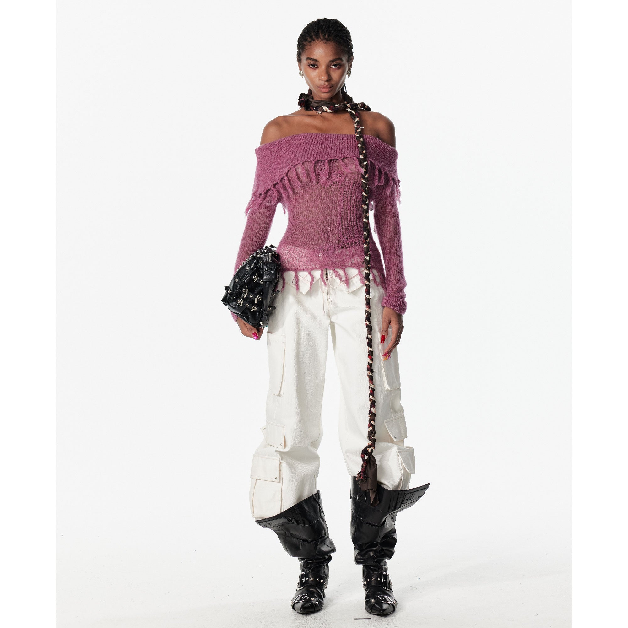 2th Desire Lace Up Crochet Sweater With Fringe Detail