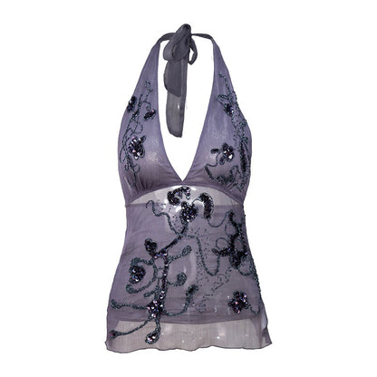 Embellished Purple Halter Neck Top With Beaded Details
