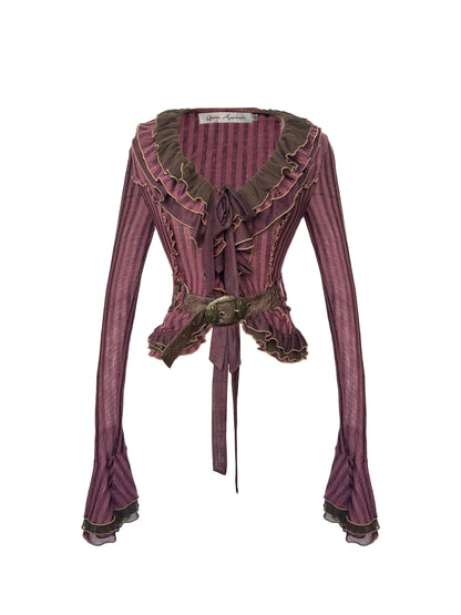 Update OPEN AESTHETIC Layered Mesh Paneled Knit Cardigan with Belt