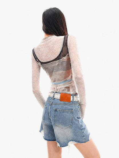 QIUQIU STUDIO 3d Print Sheer Mesh Slim Fit Crewneck Women&