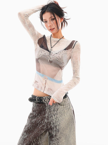 QIUQIU STUDIO 3d Print Sheer Mesh Slim Fit Women&