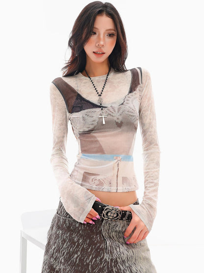 QIUQIU STUDIO 3d Print Sheer Mesh Slim Fit Women&