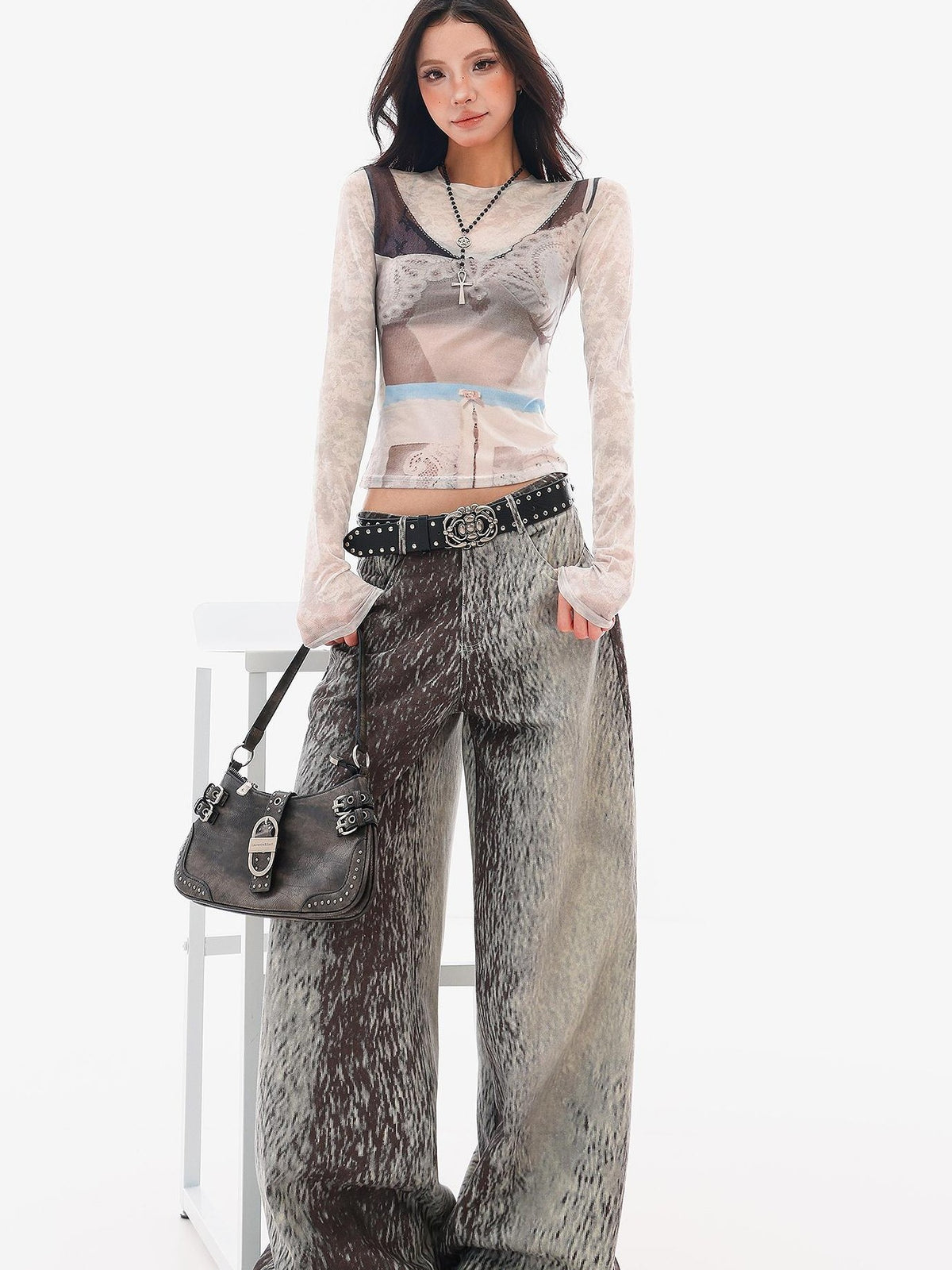 QIUQIU STUDIO 3d Print Sheer Mesh Slim Fit Women&