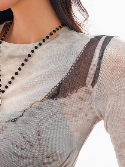 QIUQIU STUDIO 3d Print Sheer Mesh Slim Fit Women&