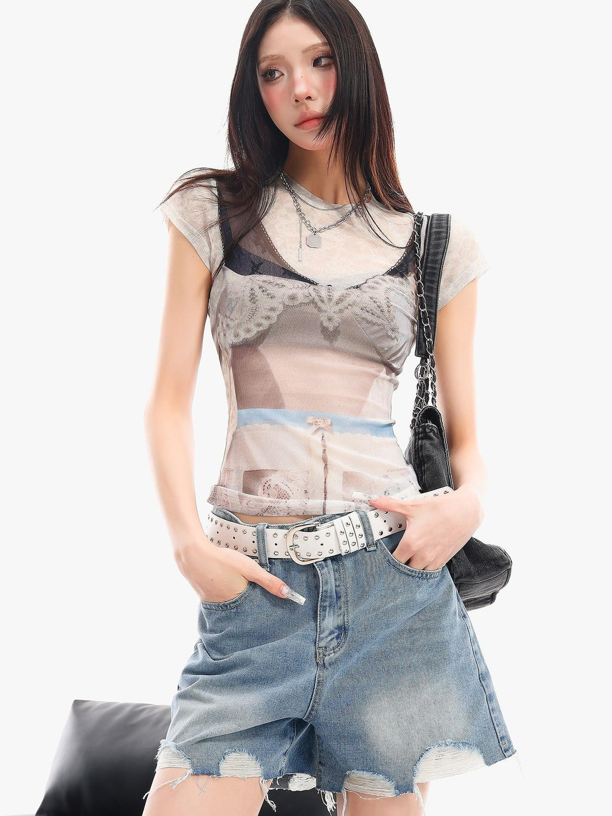 QIUQIU STUDIO 3d Print Sheer Mesh Slim Fit Women&