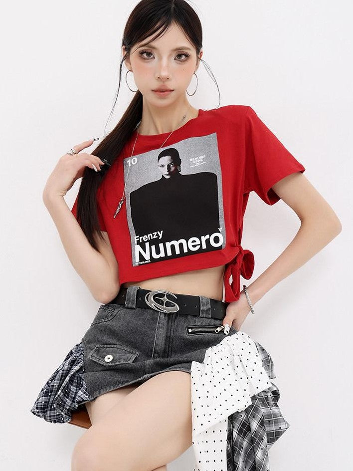 QIUQIU STUDIO American Character Letter Print Tie Waist Round Neck Women&