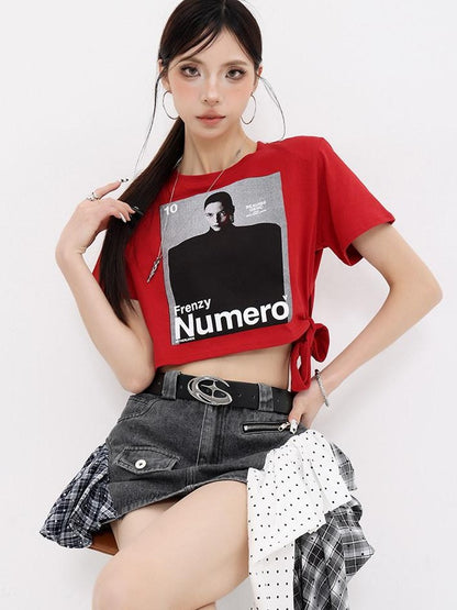 QIUQIU STUDIO American Character Letter Print Tie Waist Round Neck Women&