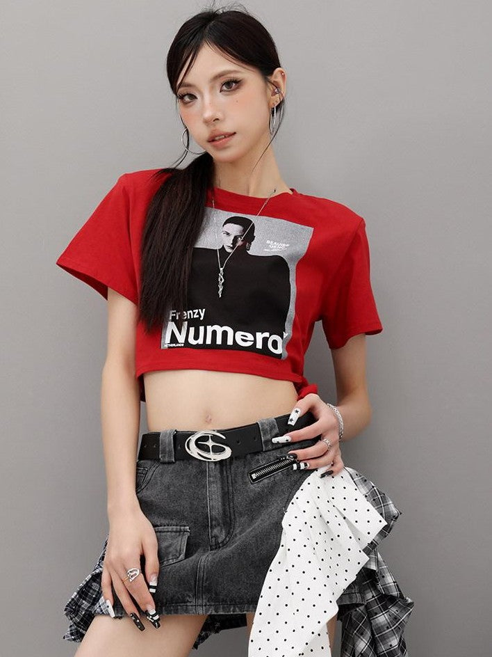 QIUQIU STUDIO American Character Letter Print Tie Waist Round Neck Women&