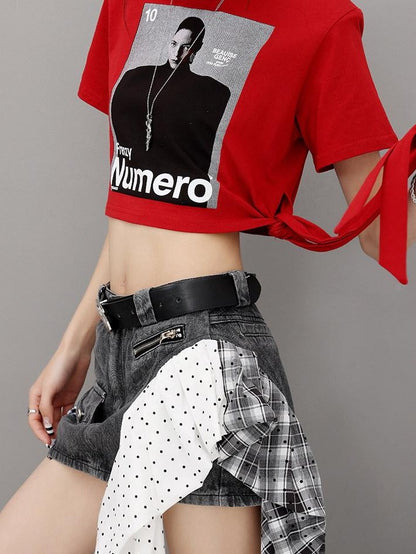 QIUQIU STUDIO American Character Letter Print Tie Waist Round Neck Women&