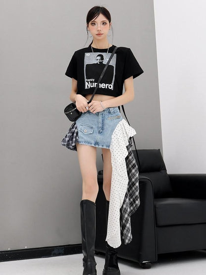 QIUQIU STUDIO American Character Letter Print Tie Waist Round Neck Women&