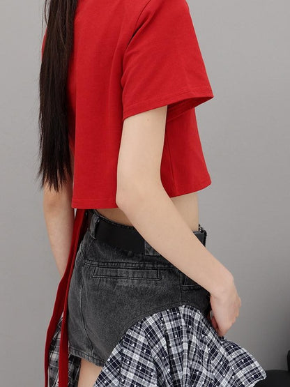 QIUQIU STUDIO American Character Letter Print Tie Waist Round Neck Women&