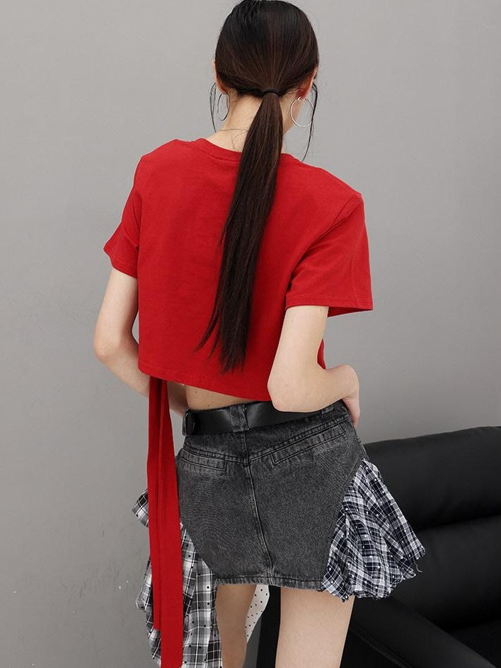 QIUQIU STUDIO American Character Letter Print Tie Waist Round Neck Women&
