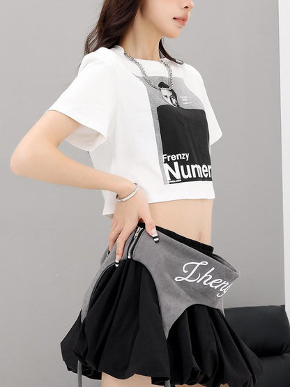 QIUQIU STUDIO American Character Letter Print Tie Waist Round Neck Women&