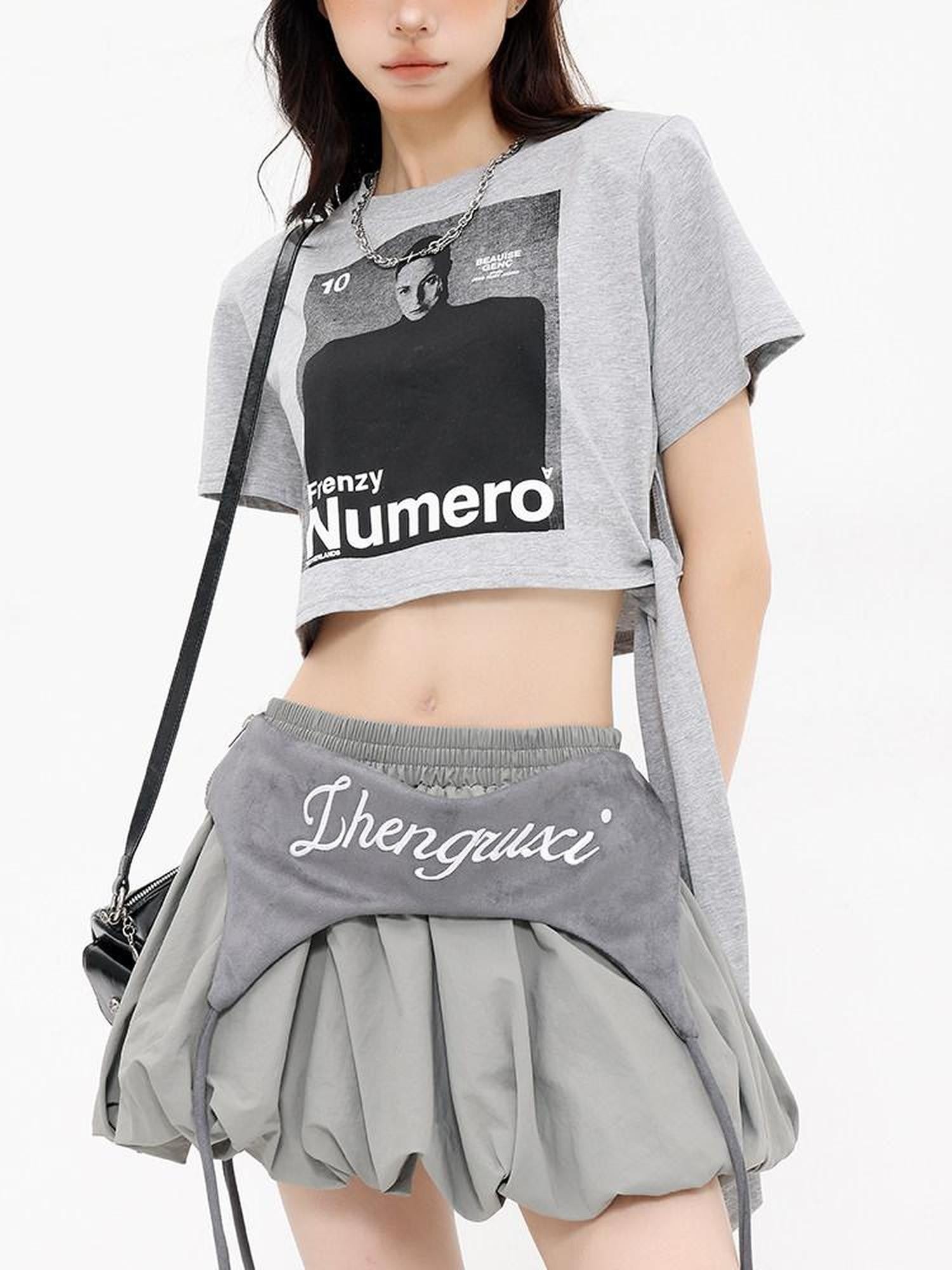 QIUQIU STUDIO American Character Letter Print Tie Waist Round Neck Women&