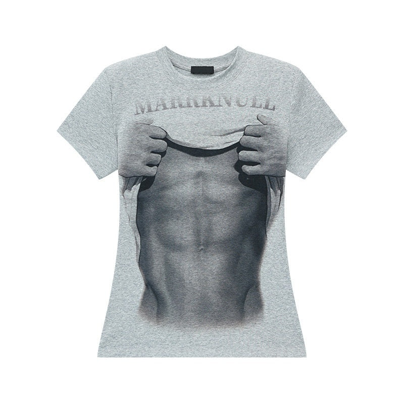 QIUQIU_STUDIO_American_Cropped_Abs_Print_Crew_Neck_Slim_Fit_Women&