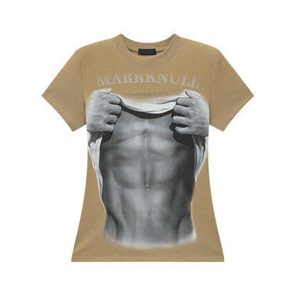 QIUQIU_STUDIO_American_Cropped_Abs_Print_Crew_Neck_Slim_Fit_Women&