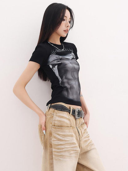 QIUQIU STUDIO American Cropped Abs Print Crew Neck Slim Fit Women&