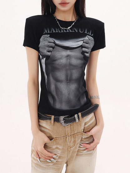 QIUQIU STUDIO American Cropped Abs Print Crew Neck Slim Fit Women&