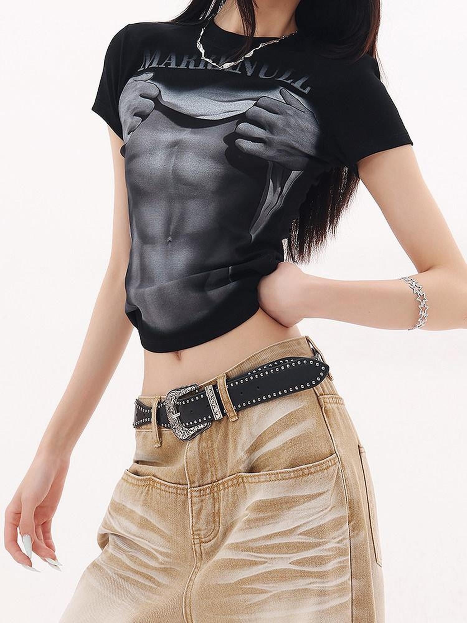 QIUQIU STUDIO American Cropped Abs Print Crew Neck Slim Fit Women&