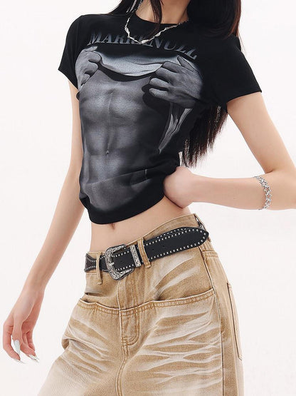 QIUQIU STUDIO American Cropped Abs Print Crew Neck Slim Fit Women&